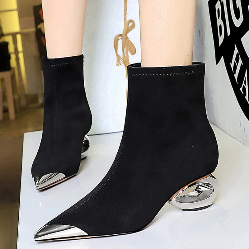 BIGTREE Shoes Metal Pointed Tip Women Boots Hollow Out Heels Women Ankle Boots Female Suede Short Boots Mid Heel Shoes Fashion