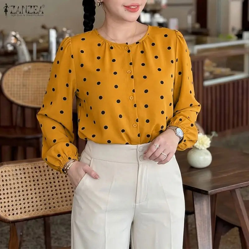 ZANZEA Women Polka Dot Fashionable Blouses O-Neck Lantern Sleeves Button Up Shirt 2026 Spring Fall Daily Casual Camisas de Mujer