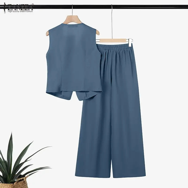 ZANZEA Women's Old Money Pant Suits Vintage U-Neck Vest Tops & Wide-Leg Pants 2 Pieces Sets Summer Office Commute 2pcs Outfits