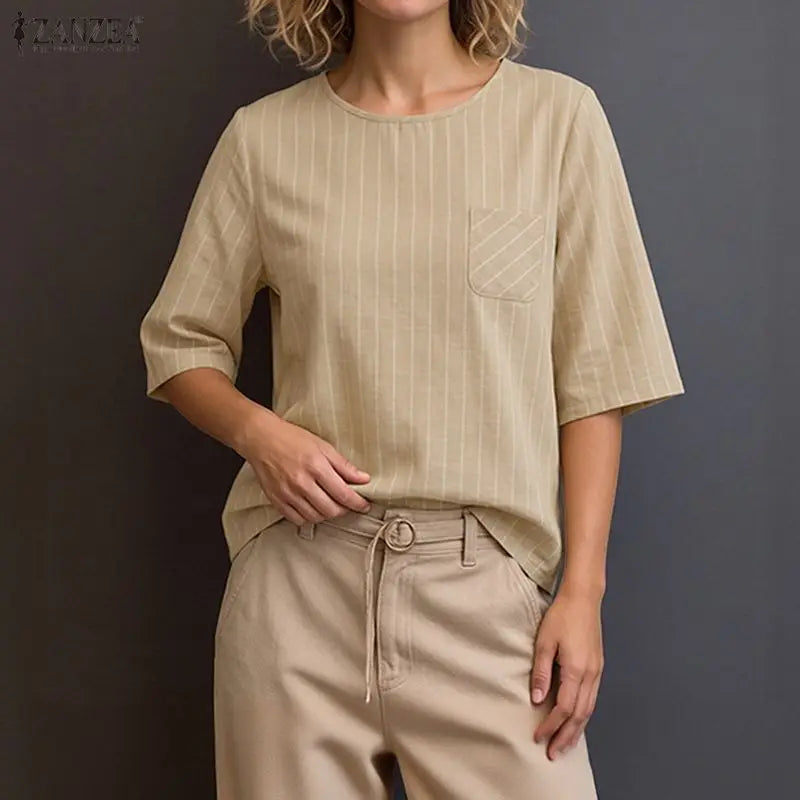 ZANZEA Casual Striped Blouses Woman Minimalist O-Neck 3/4 Sleeve Pocket Loose Tops Tunic Autumn 2026 Daily Wear Blusas Mujer