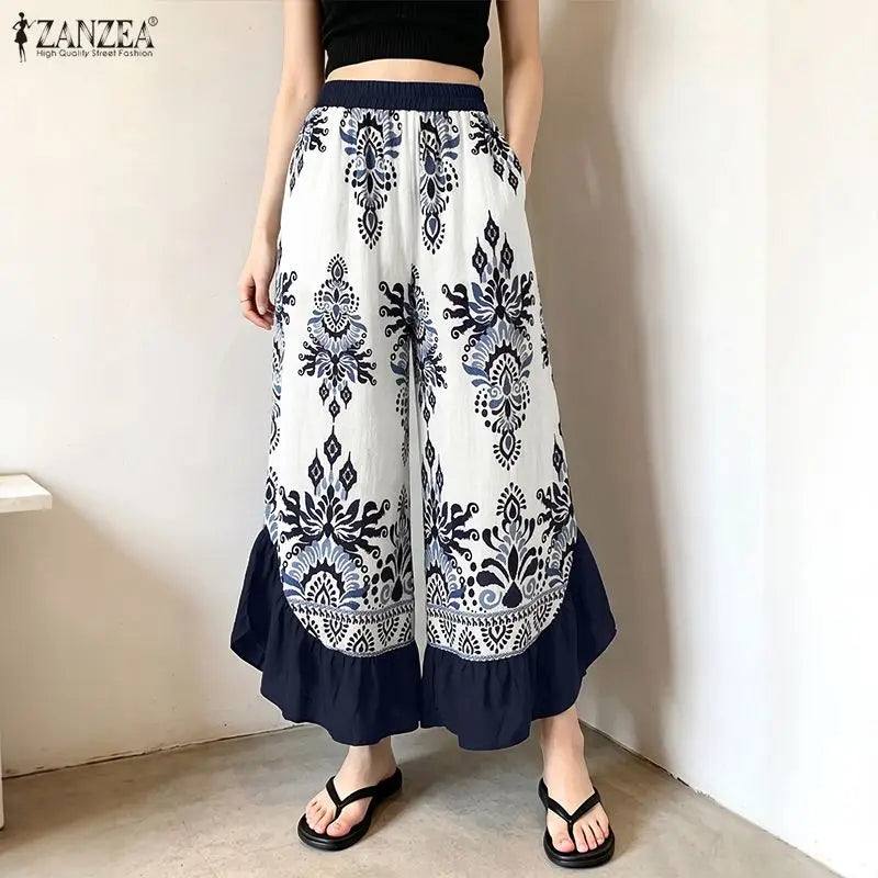 ZANZEA Women's Pants Vintage Printed Trouser Patchwork Casual Loose Ladies Bottoms Fashion Long Elegant Pants