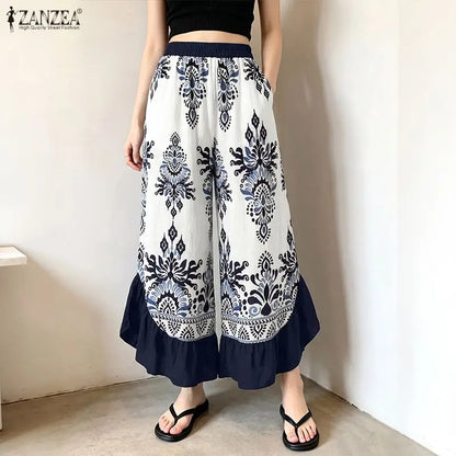 ZANZEA Women's Pants Vintage Printed Trouser Patchwork Casual Loose Ladies Bottoms Fashion Long Elegant Pants