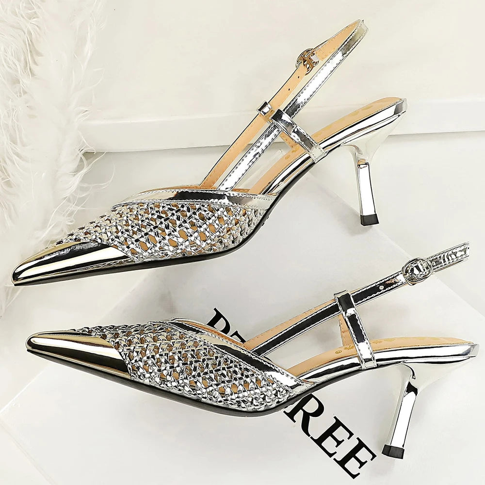 Luxury High-heeled Sandals Women Shoes Pointed Tip Women Pumps Woven Net High Heels Stiletto 7 cm Buckle Summer Ladies Sandals