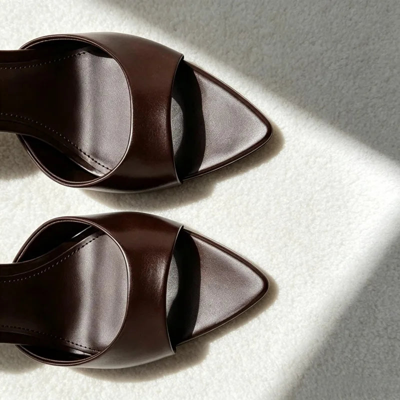 Elegant Pointed-toe Mule Sandals for Women High-quality Soft Leather Designer Shoes Summer Sexy Open-toe Stiletto Slide Sandals