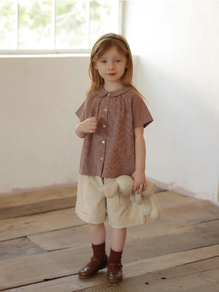 Kids Girl Summer Shirt 2026 Korean Inspired Plaid Peter Pan Collar Short Sleeve Blouse Cute Casual Top for Baby Toddler