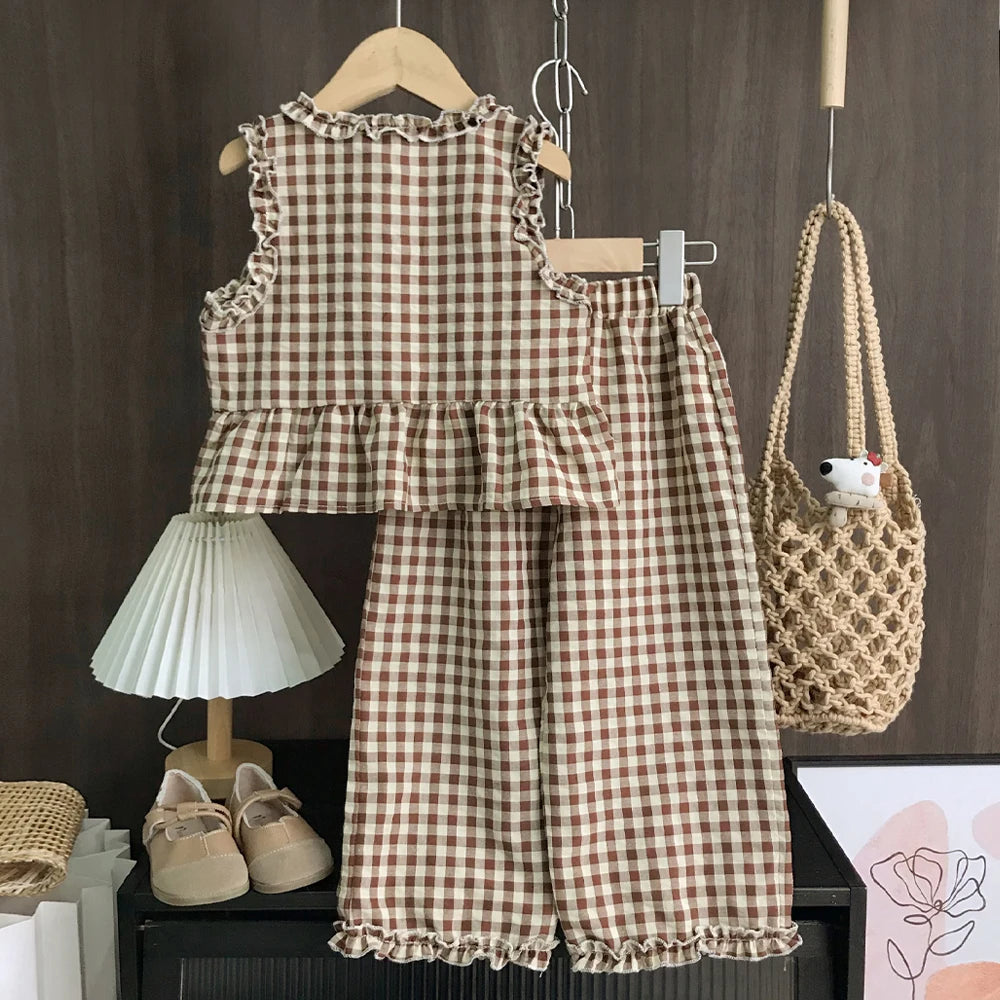 Korean Version 2-10 Year Old Girls and Teenagers Casual Suit with Checkered Lace Single Breasted Top and Pants Two-piece Set