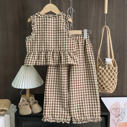 Korean Version 2-10 Year Old Girls and Teenagers Casual Suit with Checkered Lace Single Breasted Top and Pants Two-piece Set
