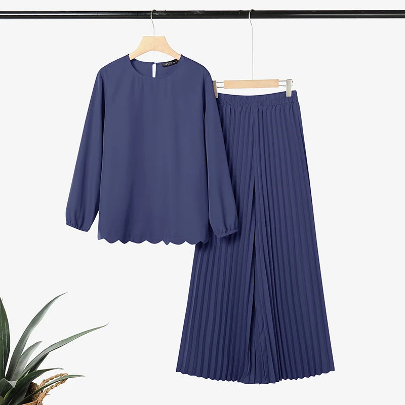 Ramadan Outfits Muslim 2 Pieces Sets Hijab Tracksuit ZANZEA Summer Women O Neck Long Sleeve Tops Pleated Pant Sets Eid Mubarek