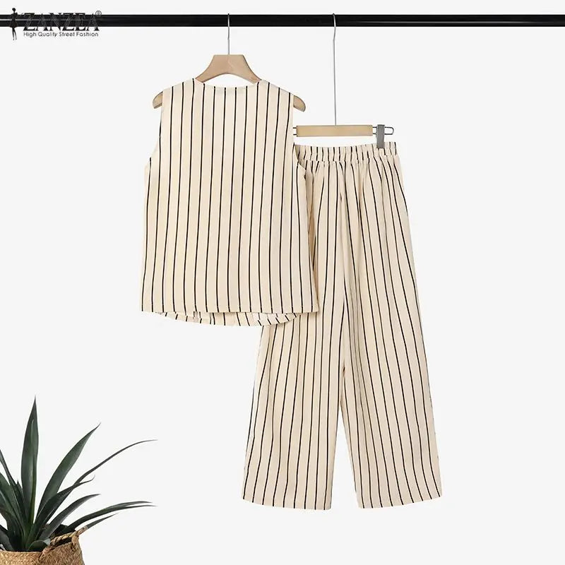 ZANZEA Summer Women Striped Matching Sets Sleeveless Vest Top & Wide Leg Pant 2 Piece Suits Office Commute Pant Sets Outfits