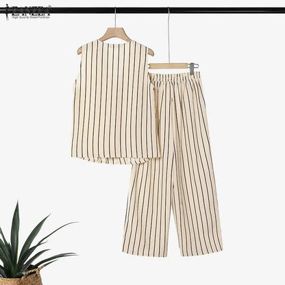 ZANZEA Summer Women Striped Matching Sets Sleeveless Vest Top & Wide Leg Pant 2 Piece Suits Office Commute Pant Sets Outfits