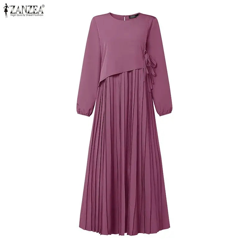ZANZEA Elegant Muslim Abaya Dress Women O Neck Long Sleeve Pleated Sundress Solid Color Loose Maxi Long Dress Eid Ramadan Robe