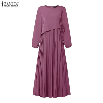 ZANZEA Elegant Muslim Abaya Dress Women O Neck Long Sleeve Pleated Sundress Solid Color Loose Maxi Long Dress Eid Ramadan Robe