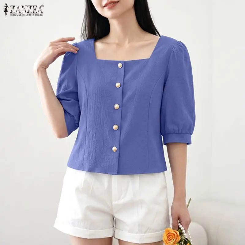 ZANZEA Summer Autumn Women Blouses Fashion Square Collar Solid Color Tops Half Sleeve Tee Blusas Fashion Streetwear Oversize
