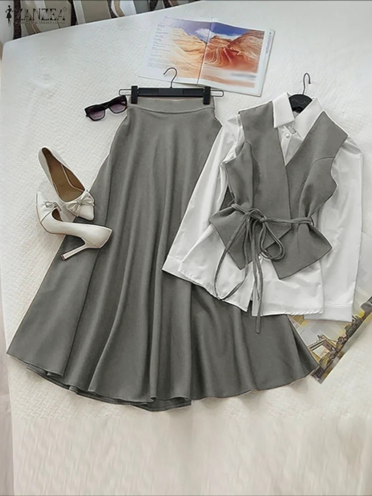 2025 ZANZEA Women Autumn 2 Piece Outfits Long Sleeve Patchwork Shirts and Long Skirts Fashion Dress Sets Elegant Office OL 2pcs