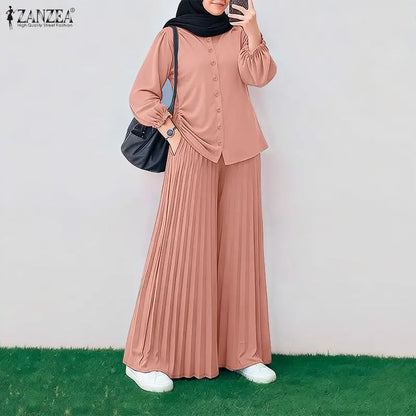 2026 ZANZEA Muslim Hijab Tracksuit Ramadan Outfits Women Pant Sets Long Sleeve Tops Wide Leg Trousers Elegant Solid OL Work Suit