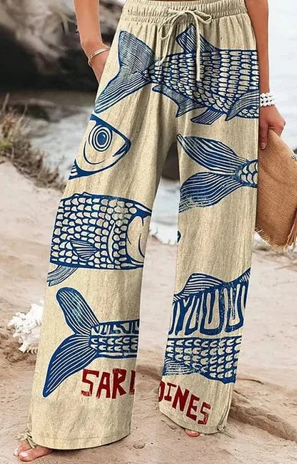Women's New High Waist Loose Casual Wide Leg Print Pants Summer Beach EU US Style Comfy Flowy Trousers
