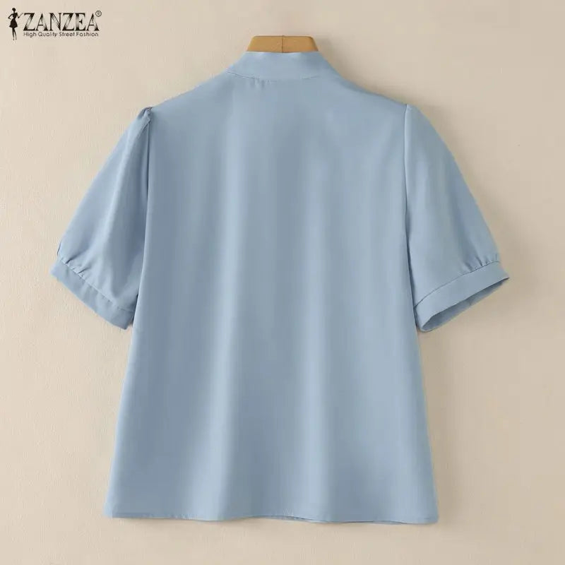 ZANZEA Woman Elegant Minimalist Blouses Bow Tie Neck Half Puff Sleeve Solid Color Tops 2026 Summer Casual Day Blusas de Mujer
