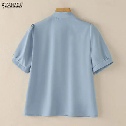 ZANZEA Woman Elegant Minimalist Blouses Bow Tie Neck Half Puff Sleeve Solid Color Tops 2026 Summer Casual Day Blusas de Mujer