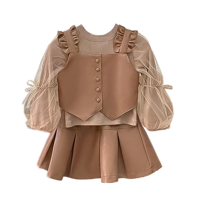 New Girls' Autumn Western Style Little Girls' Leather Two-Piece Suit Fashionable Children's Bottoming Shirt Trendy