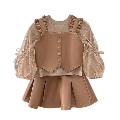 New Girls' Autumn Western Style Little Girls' Leather Two-Piece Suit Fashionable Children's Bottoming Shirt Trendy