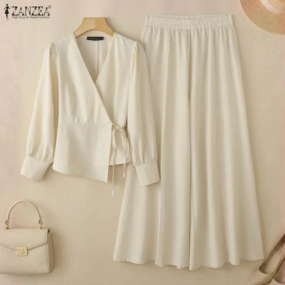 ZANZEA Women Elegant 2 Piece Matching Sets Long Sleeve Wrapped Blouses & Wide Leg Pants 2pcs Suits Casual OL Commute Outfits