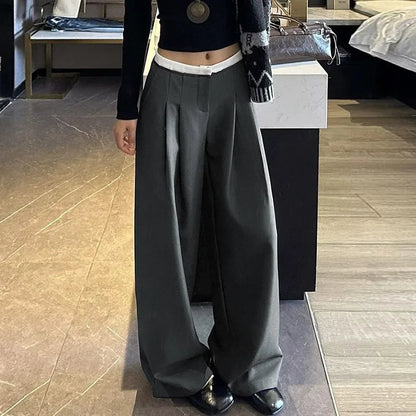 Gray Wide-leg Pants Women White High Waist Splicing Loose Thin Casual Suit Pant Full Length Lady's Solid Autumn Women's Trousers