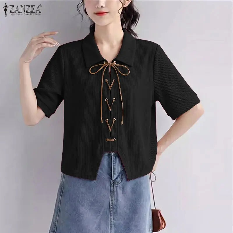 ZANZEA Women's Korean Elegant Waffle Shirt Turn-Down Collar Lace-Up Front Short Sleeve Tops Summer Casual Loose Chemises Femme