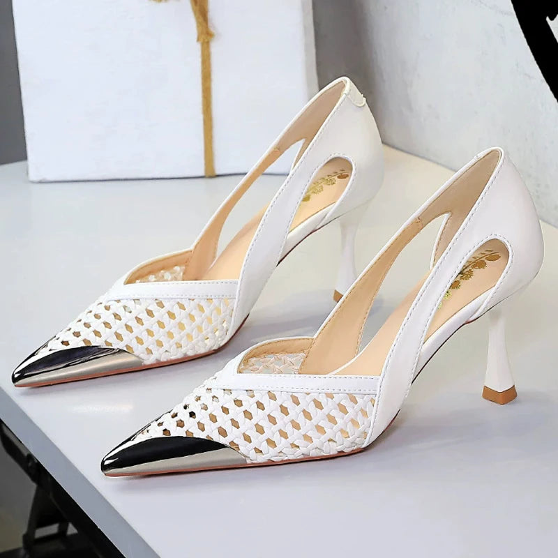 BIGTREE Shoes Weaving Design Women Pumps Hollow Out Stiletto High Heels 7 cm 5.5 cm Metal Pointed Tip Kitten Heels Ladies Shoes