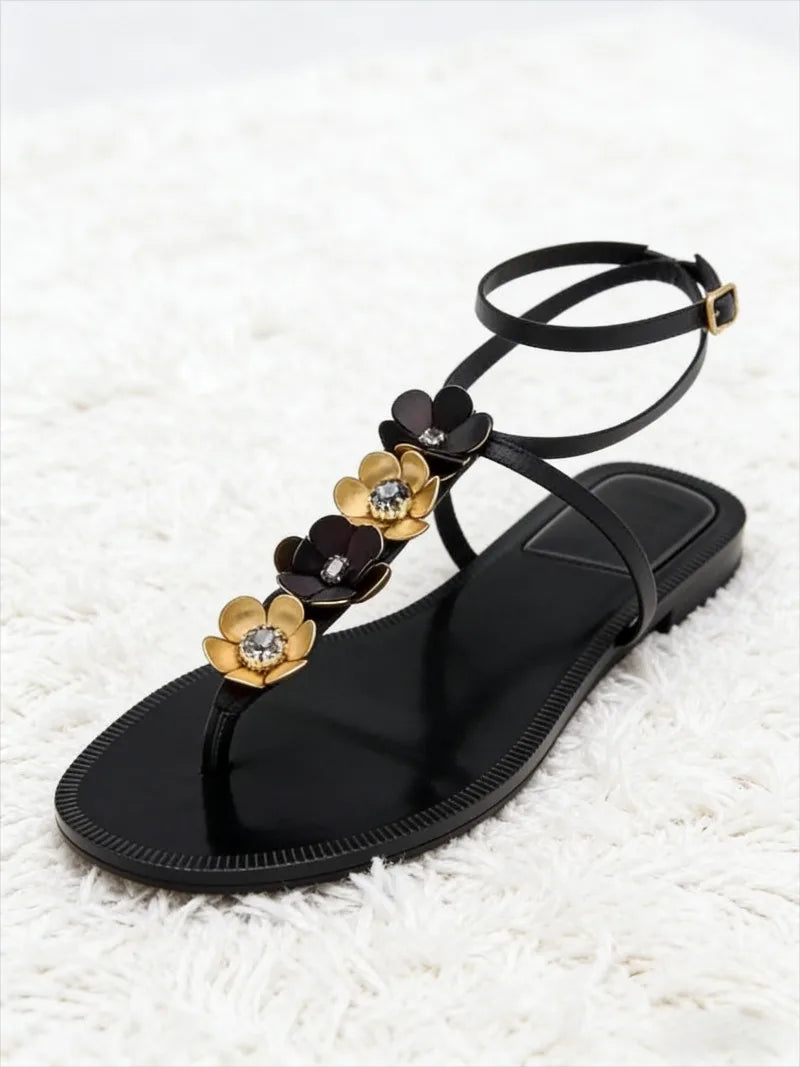 Luxury Metal Flower Decoration Flat Sandals Women Sexy Peep Toe Ankle Strap Flip Flops Summer Fashion Comfortable Beach Sandals