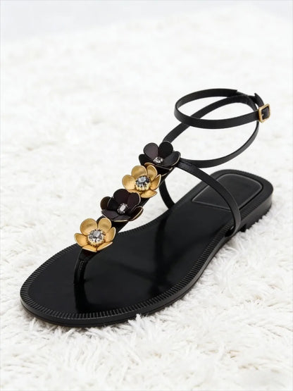 Luxury Metal Flower Decoration Flat Sandals Women Sexy Peep Toe Ankle Strap Flip Flops Summer Fashion Comfortable Beach Sandals