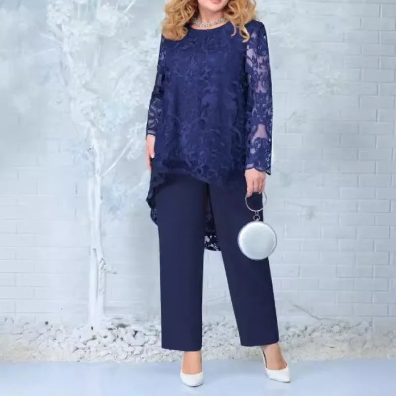 Women's Evening Dress Lace Embroidered Pants Two-piece Cocktail Dress Set Plus Size 2 Piece Set Women Summer