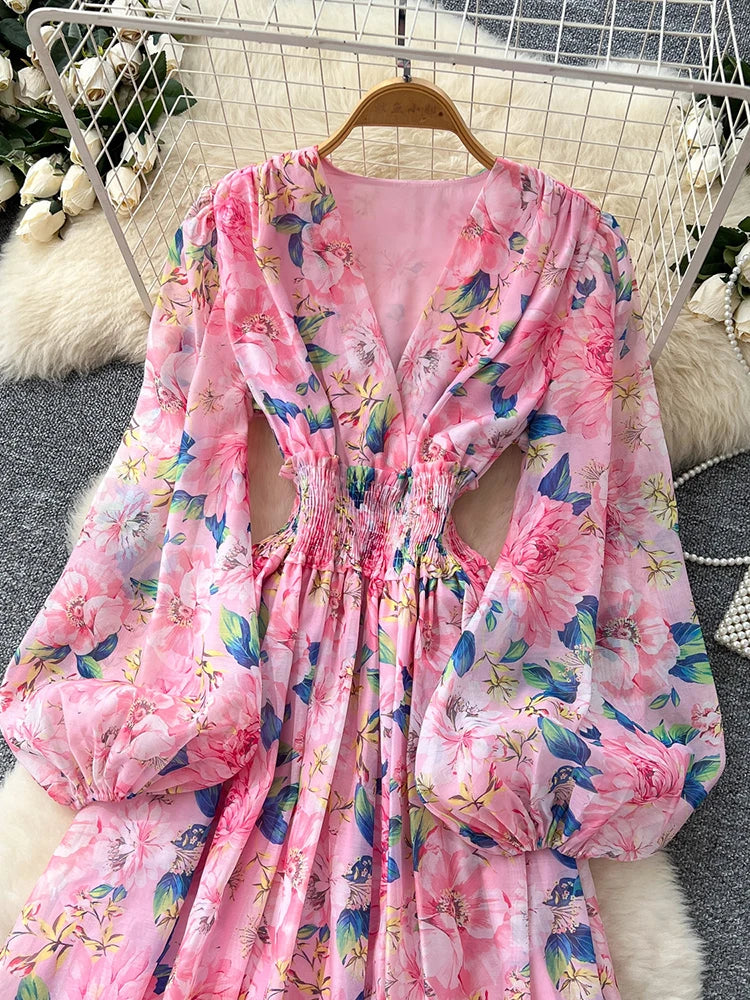 Spring Autumn French V-neck Lantern Sleeve Chiffon Dress Women Fashionable Elegant Elastic Waist Lotus Leaf Edge Length Dress L8