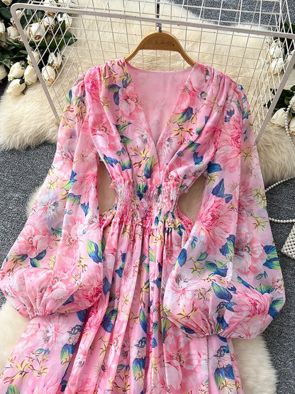 Spring Autumn French V-neck Lantern Sleeve Chiffon Dress Women Fashionable Elegant Elastic Waist Lotus Leaf Edge Length Dress L8