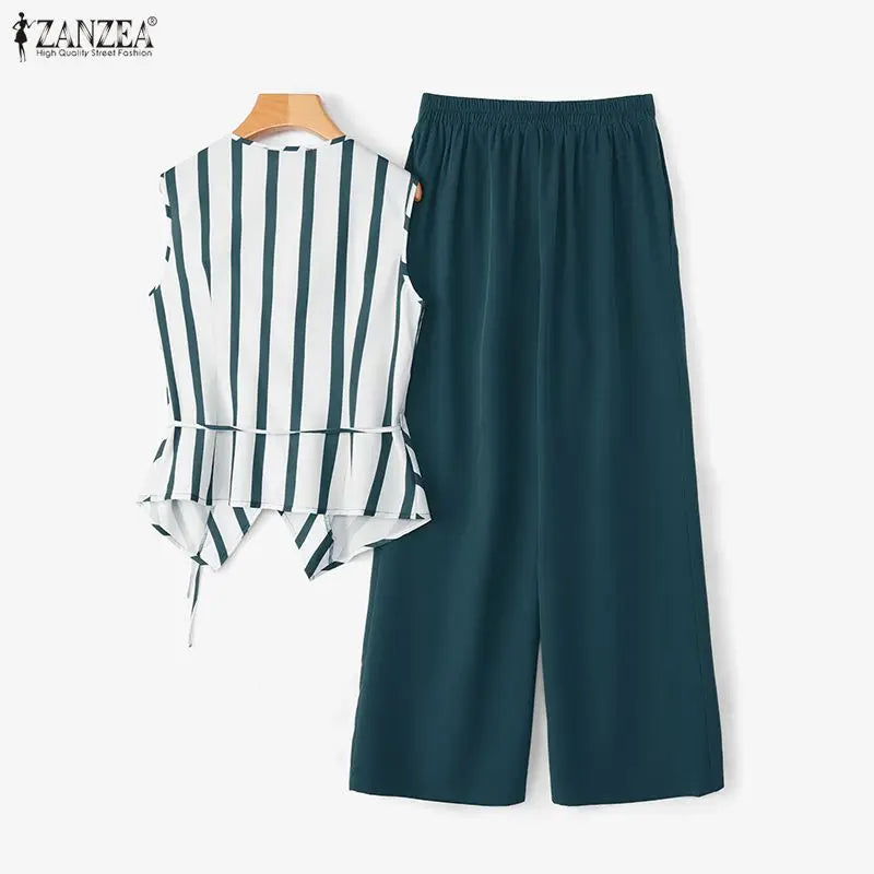 ZANZEA Fashion Summer V Neck Sleeveless Striped Tanks Tops Pants Sets Women Matching Sets Casual OL Work Outfits 2 Pieces Sets