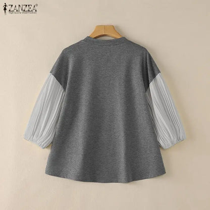 ZANZEA Women Color-Blocked T-Shirts O-Neck 3/4 Pleated Lantern Sleeve Loose Tees Spring Summer Female Elegant Fashion Blouses