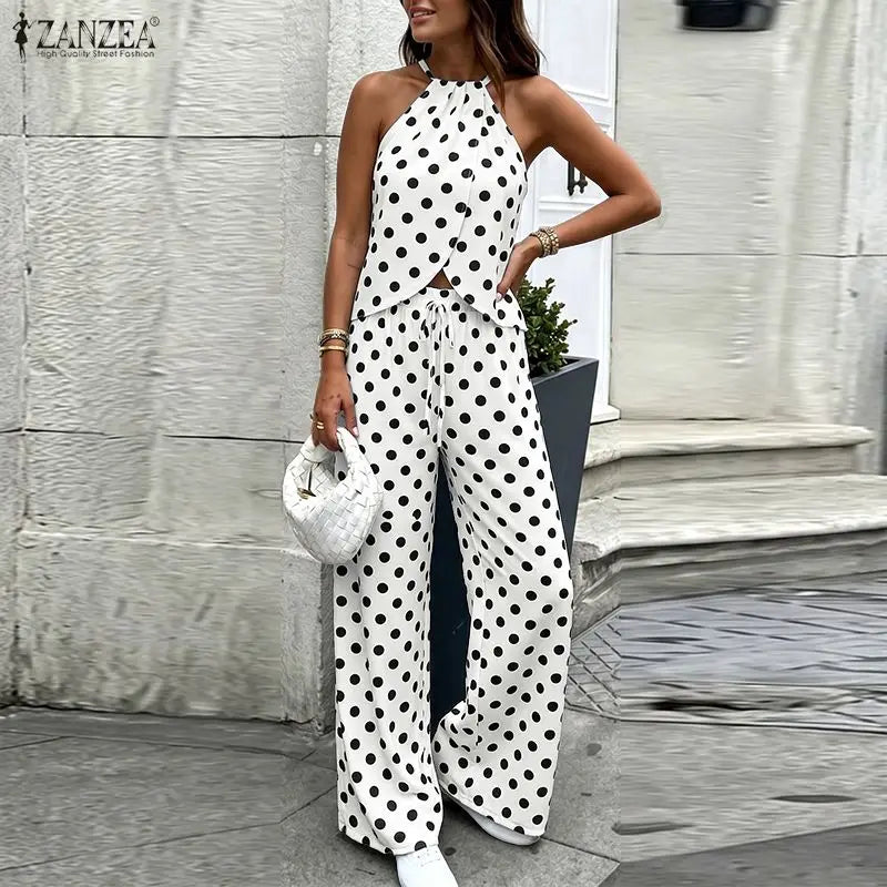 Stylish Women 2 Pieces Sets ZANZEA  Polka Dots Holiday Outfits Summer Halter Sleeveless Tanks Tops Beach Pant Sets Streetwear