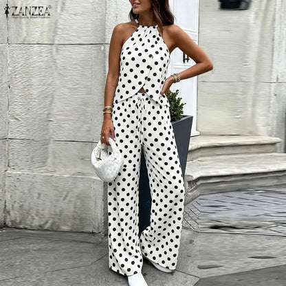 Stylish Women 2 Pieces Sets ZANZEA  Polka Dots Holiday Outfits Summer Halter Sleeveless Tanks Tops Beach Pant Sets Streetwear