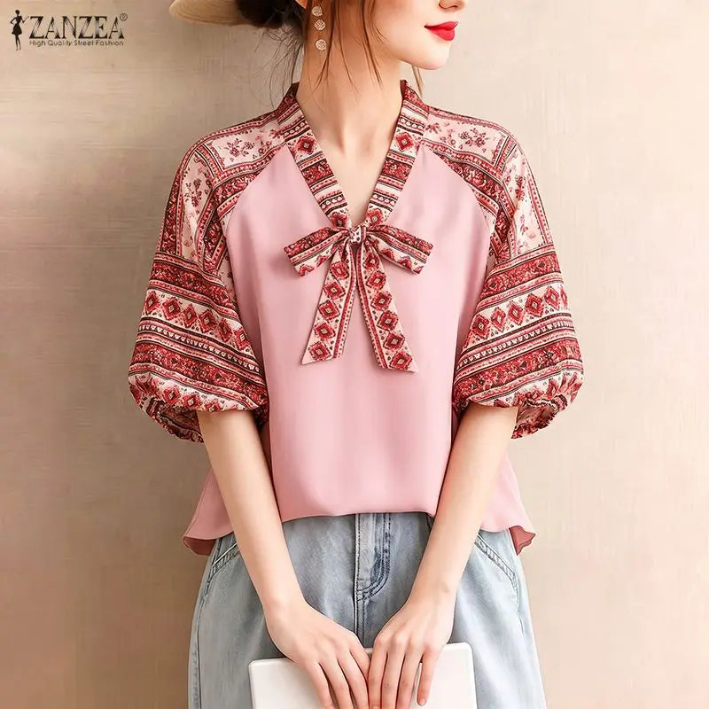 ZANZEA Bohemian Printing Patchwork Blouses Woman Elegant Tie Neck Lantern Sleeves Loose Tops Summer Casual Daily Wear Blusas