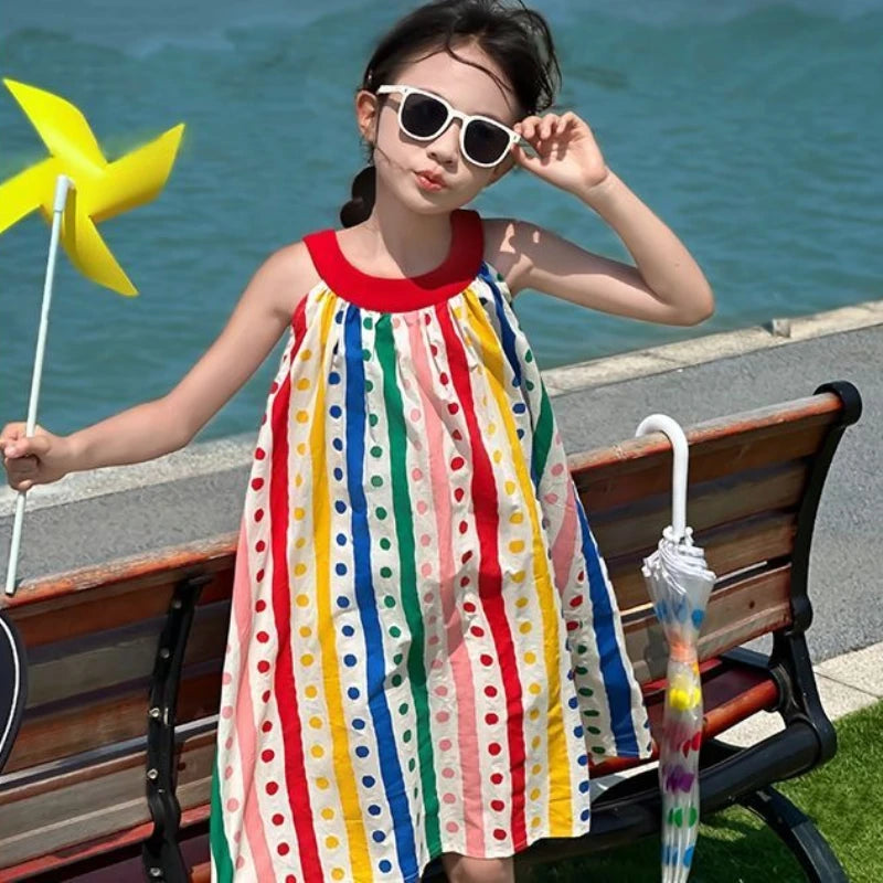 Sleeveless Vest Princess Rainbow Striped Dress Polka Dot Girl Elegant Girls Vintage Children's Clothing Party Junior Girls' Kids