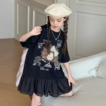 2026 New Girls Summer T-Shirt Princess Style Loose Fit Short Sleeve Top Cute Fashion Kids Casual Tee for Warm Days