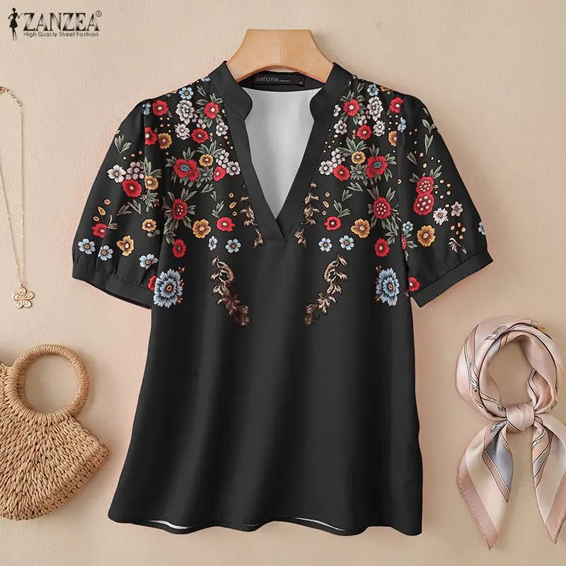 ZANZEA 2026 Summer Floral Print Blouses Woman Casual V-Neck Short Puff Sleeve Pullover Blusas Mujer Vacation Everyday Wear Tops