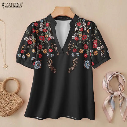 ZANZEA 2026 Summer Floral Print Blouses Woman Casual V-Neck Short Puff Sleeve Pullover Blusas Mujer Vacation Everyday Wear Tops