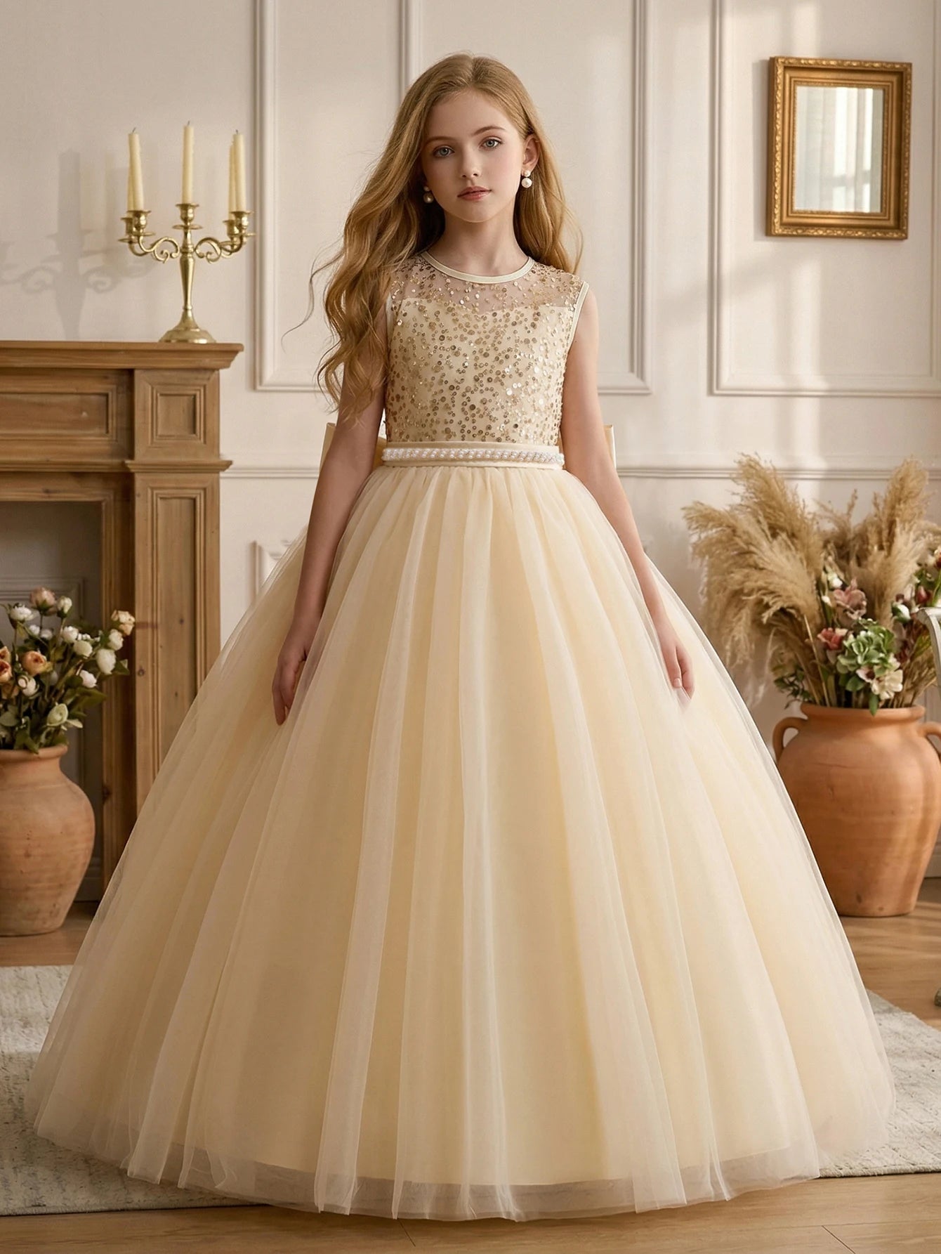 Girl Party Dress Pink Long-style Evening Dress with Large Bow V-neck A Magnificent Evening Dress, Birthday Party, Ball, Banquet