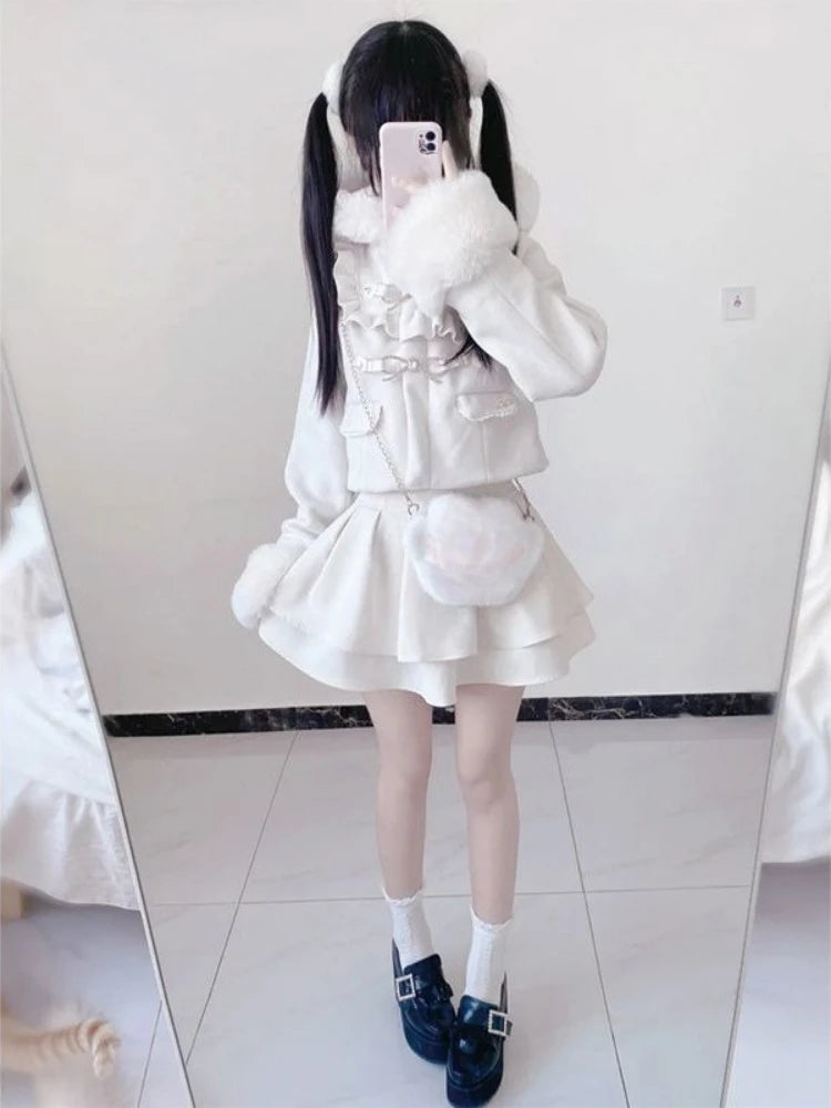 Japanese Fairy Furry Patchwork Hooded Jacket Harajuku Women Sweet Bow Grunge Coat 2025 Winter Y2k Aesthetic Ruffled Loose Coats