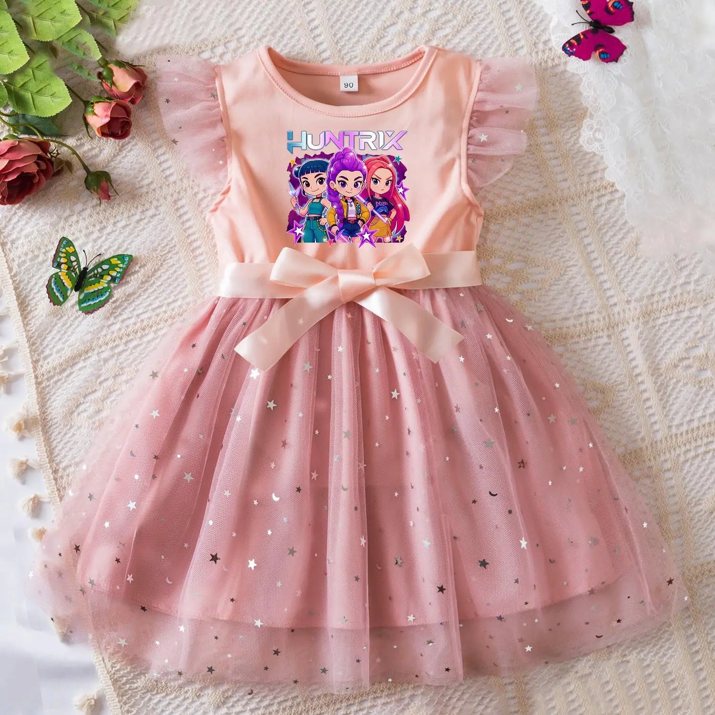 K-Pop Hunters Zoey Rumi Girls Sequin Tutu Dress with Bow Flutter Sleeves Summer Princess Party Outfit for Toddler Kids 2-6Y