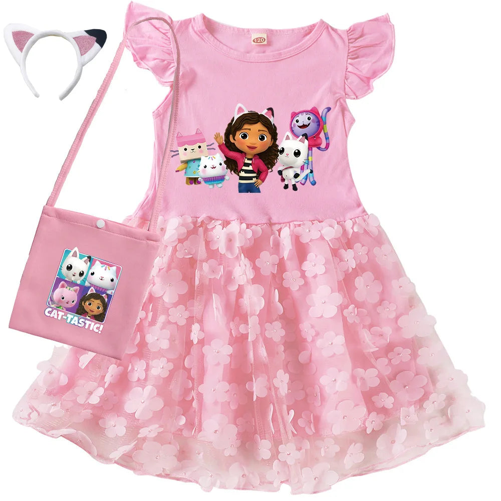 Vestidos Gabbys Dollhouse Costume Kids Cartoon Gabby Chat Dress Baby Girls Summer Short Sleeve Casual Dresses and Bag & Headband