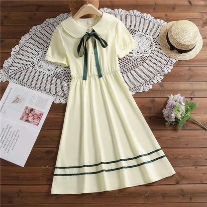 2026 Summer Peter Pan Collar Kids Girls A-LINE Short Sleeve Princess Teenager Bow Striped Dresses JK Student 4 8 9 10 12 14 Year
