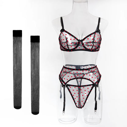 4Pcs Women Red Heart Sheer Mesh Lingerie Set Underwire Bra Garter Thong Stockings Bow Trim Sexy See Through Intimate Underwear