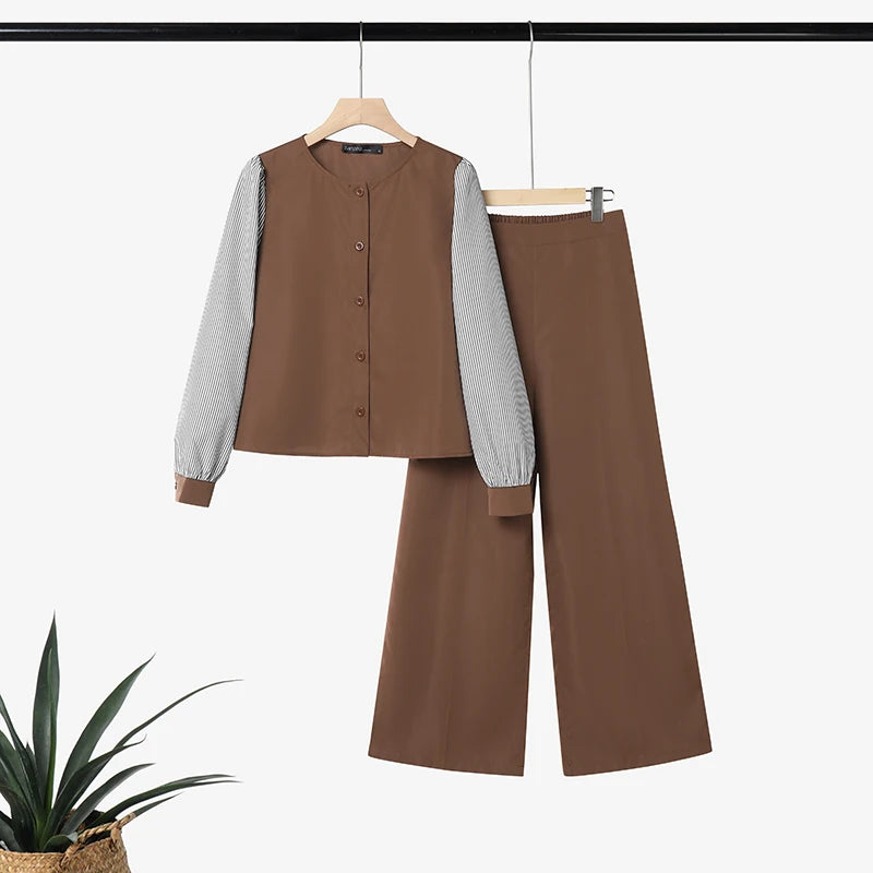 ZANZEA Women Muslim 2 Pieces Sest Hijab Tracksuit Fashion Pant Sets Summer Long Sleeve Patchwork Blouse Trousers Suit Outfits