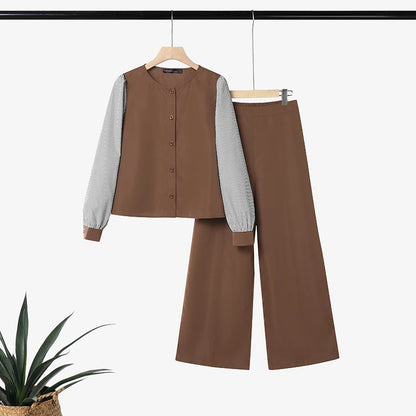 ZANZEA Women Muslim 2 Pieces Sest Hijab Tracksuit Fashion Pant Sets Summer Long Sleeve Patchwork Blouse Trousers Suit Outfits